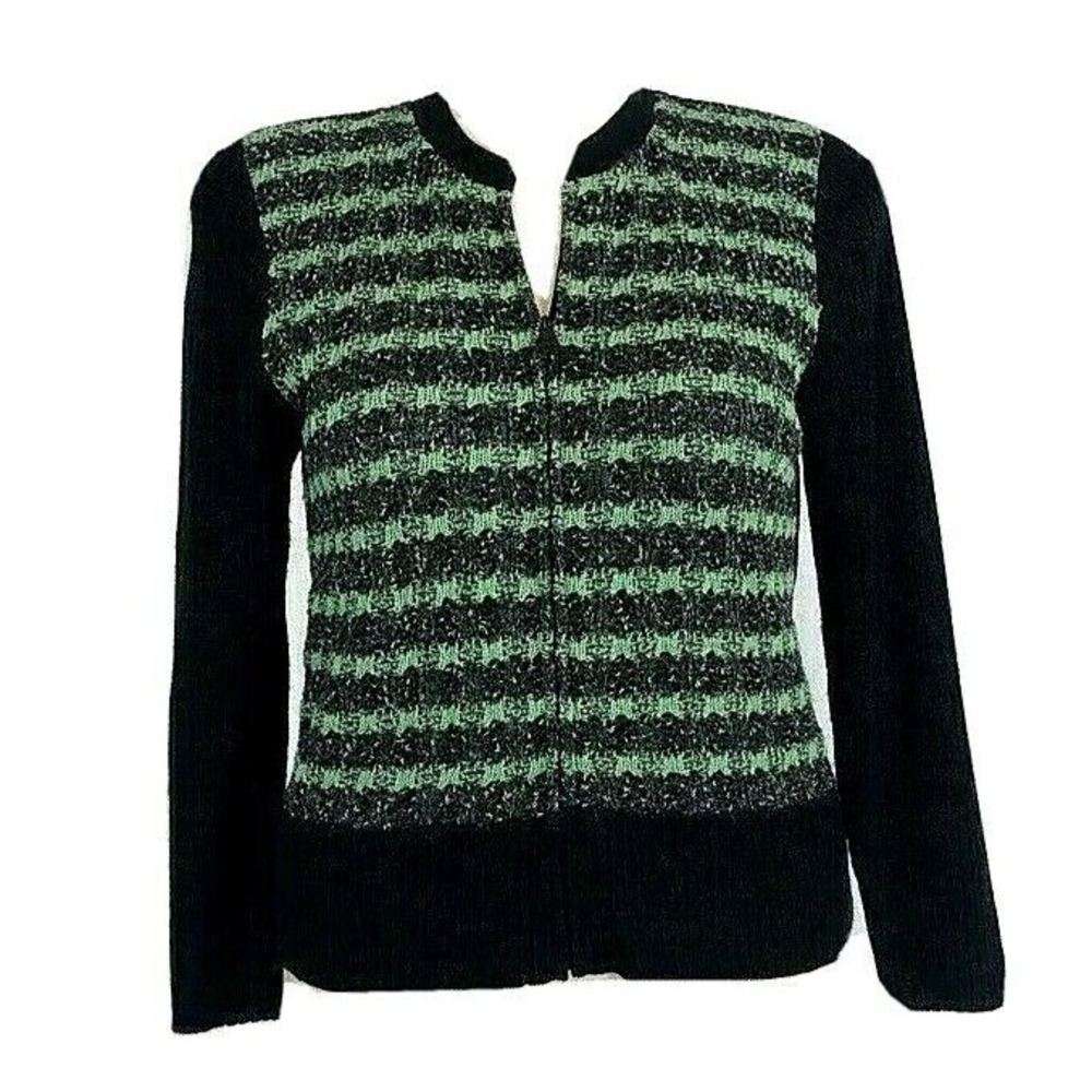 San Remo Cardigan MED Black Green Stripe Rib Long Sl Zip Jacket Sweater Vintage